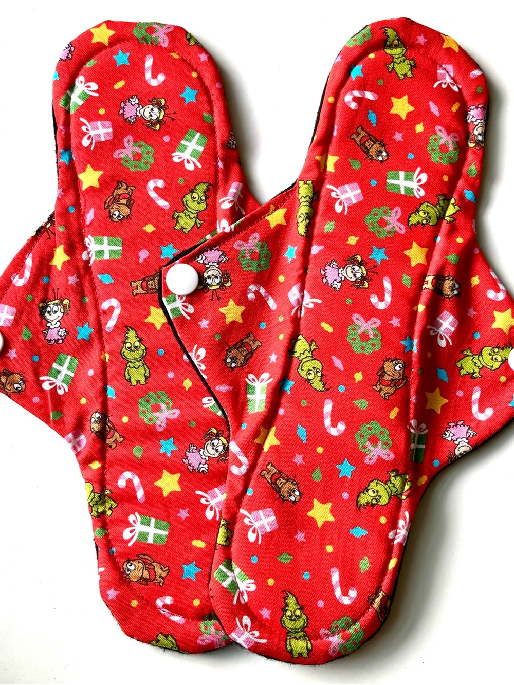 2 Cloth Pads with Baby Grinch print made with Zorb, Christmas Period Pads